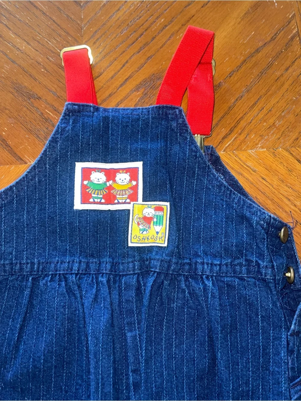 OshKosh B'gosh Navy Pinstriped Overalls with Red Straps and Plaid Cuffs